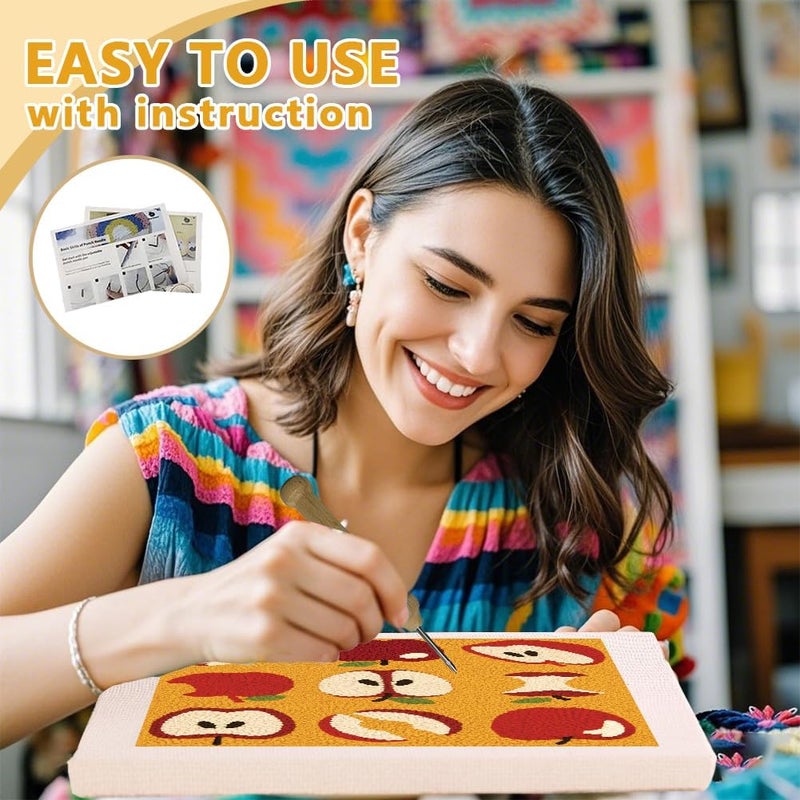 DOODLREAM 9 Styles Apple DIY Punch Needle Embroidery Kit for Adult Beginner, 9.4" Red Apple Fruit Punch Stitching Craft Set for Starter with Frame, Fabric Pattern, Threader, Yarn, Pinch Needle - Image 3